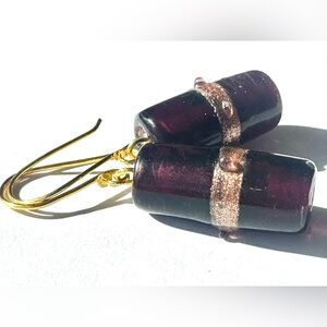 Deep Purple and Gold Dust Earrings - Handmade Beads - one of a kind